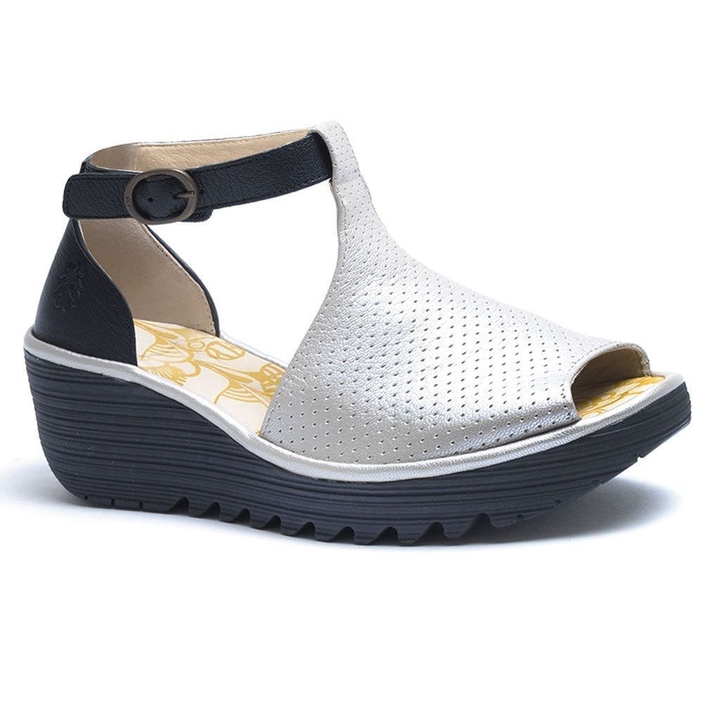 Fly London Yall Black Silver Cupio Platform Sandal Sz 42
